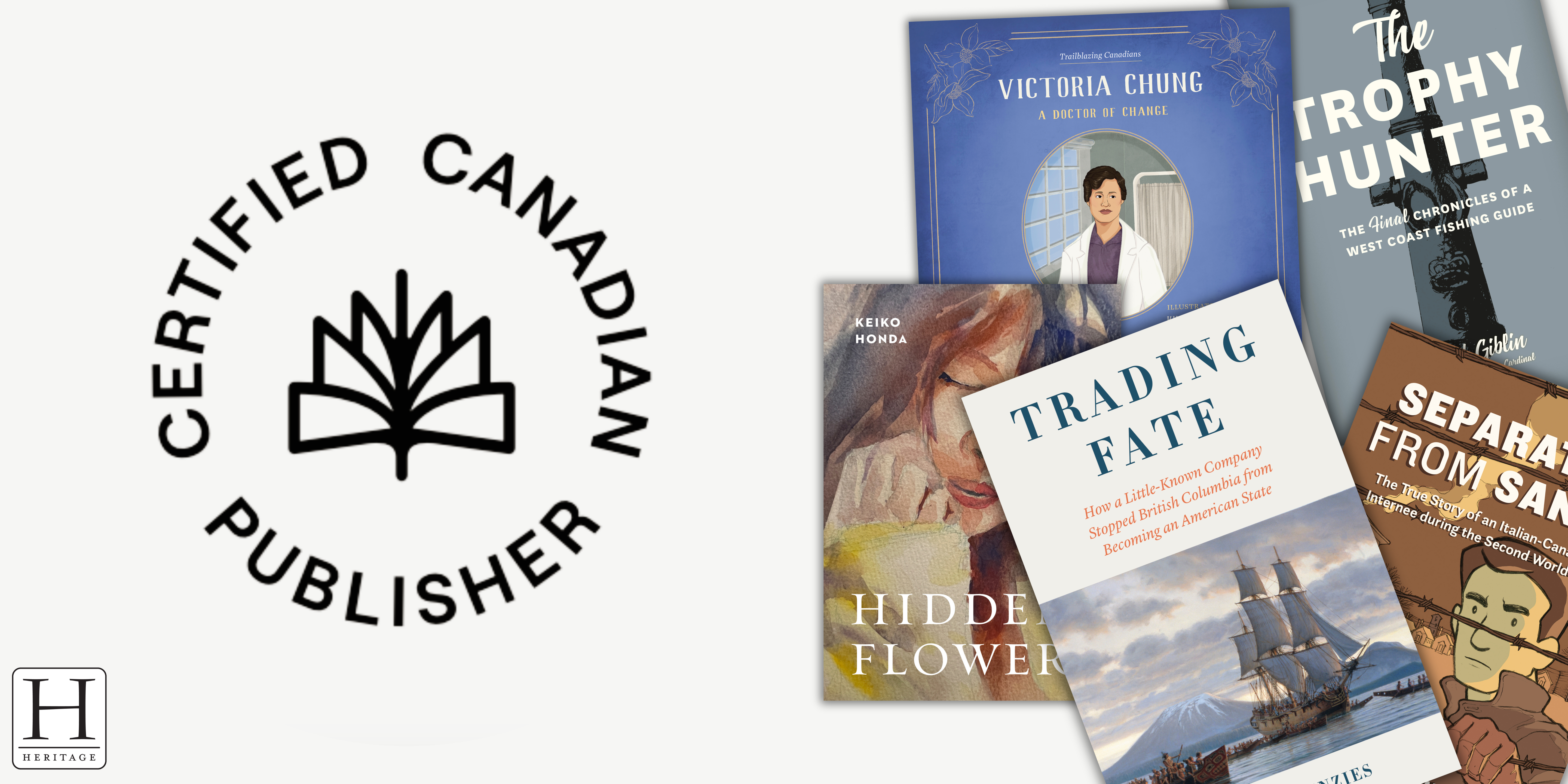 A large Certified Canadian Publisher logo sits to the left of four book covers