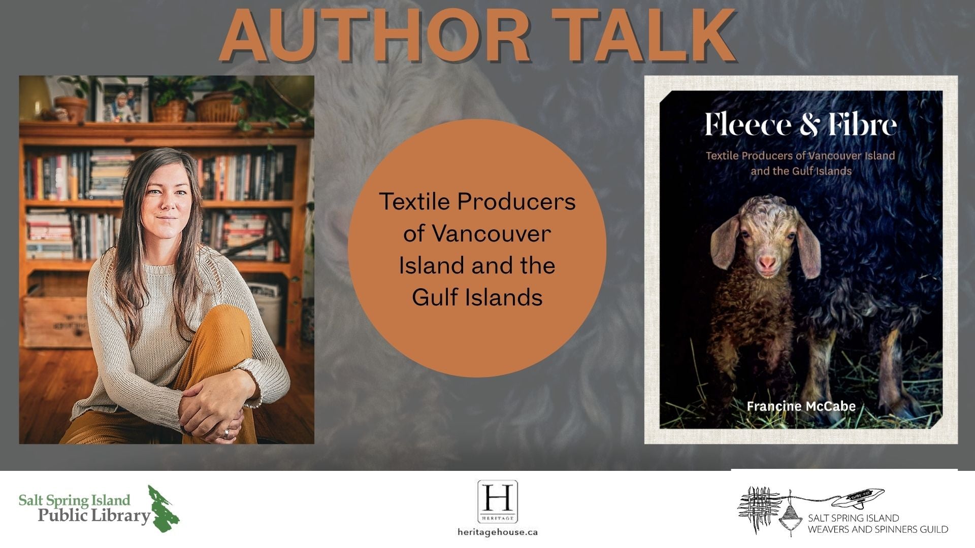 On a grey background, brown text declares Author Talk with a photo of the author, a woman with brown hair and a grey sweater, next to a cover of Fleece and Fibre