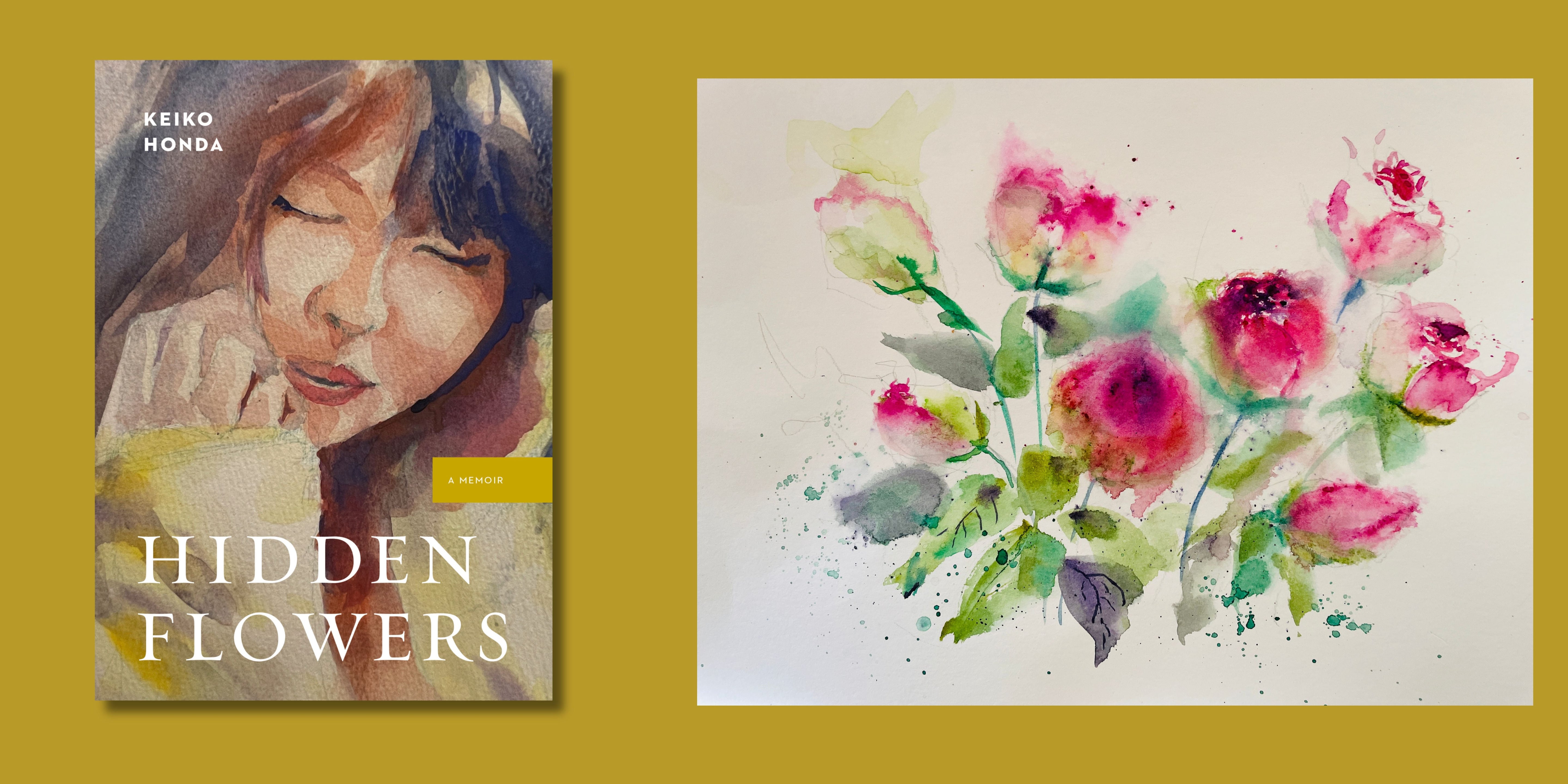 the cover of Hidden Flowers sits on a mustard yellow background, with a watercolour painting of roses next to it