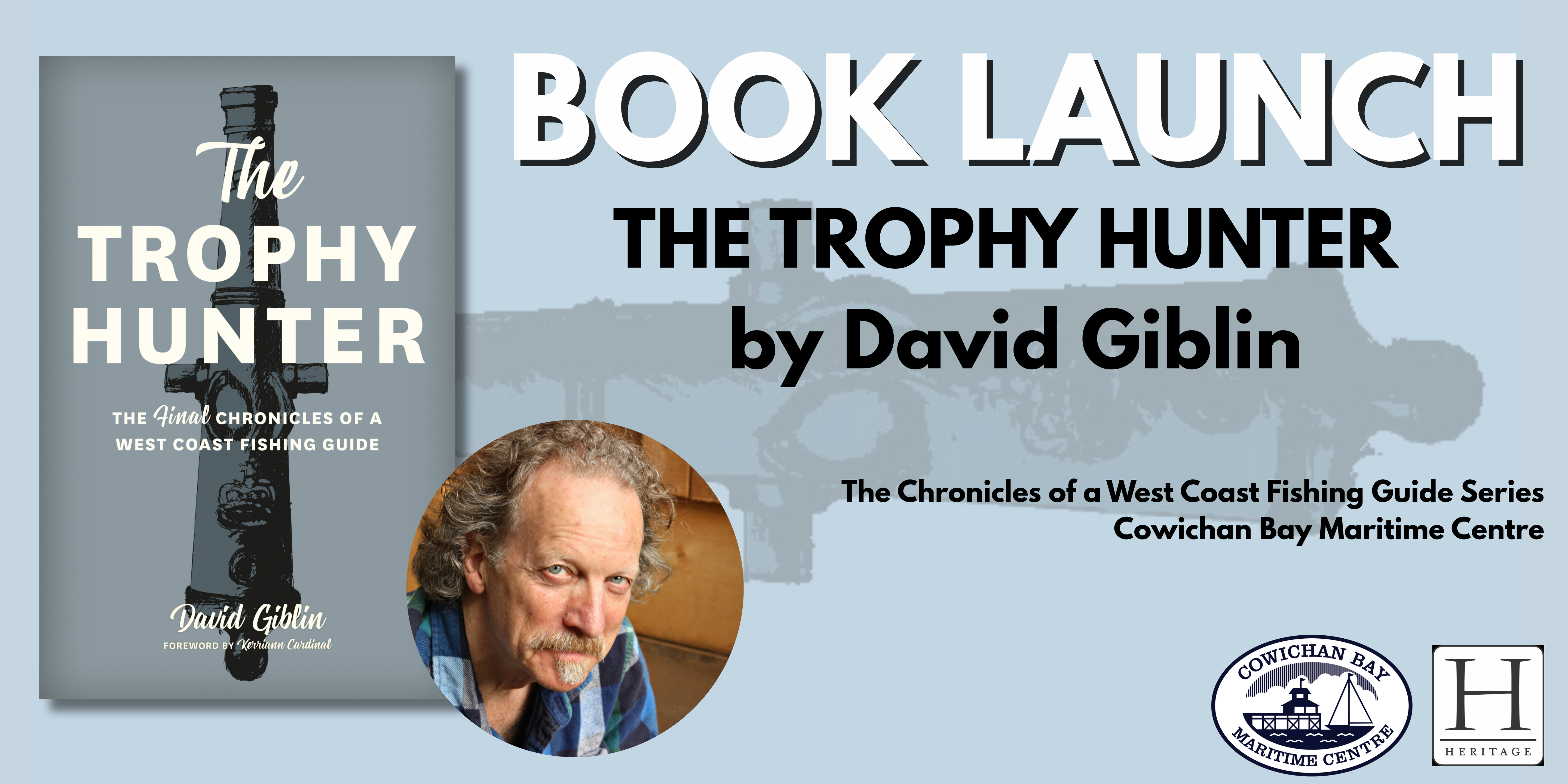 a blue banner with the words Book Launch: The Trophy Hunter, with a photo of the author and the book cover to the left