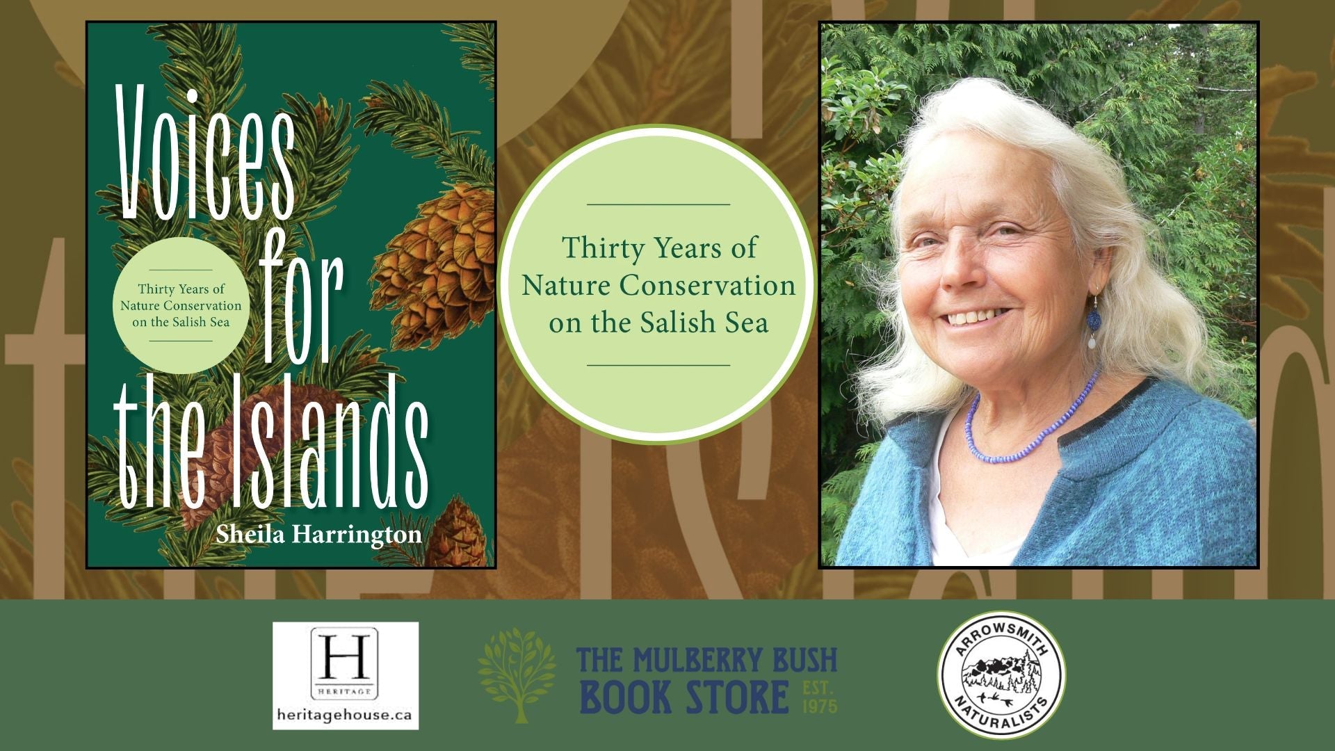 The cover for Voices For The Islands is next to a photo of the author, an older woman with grey hair