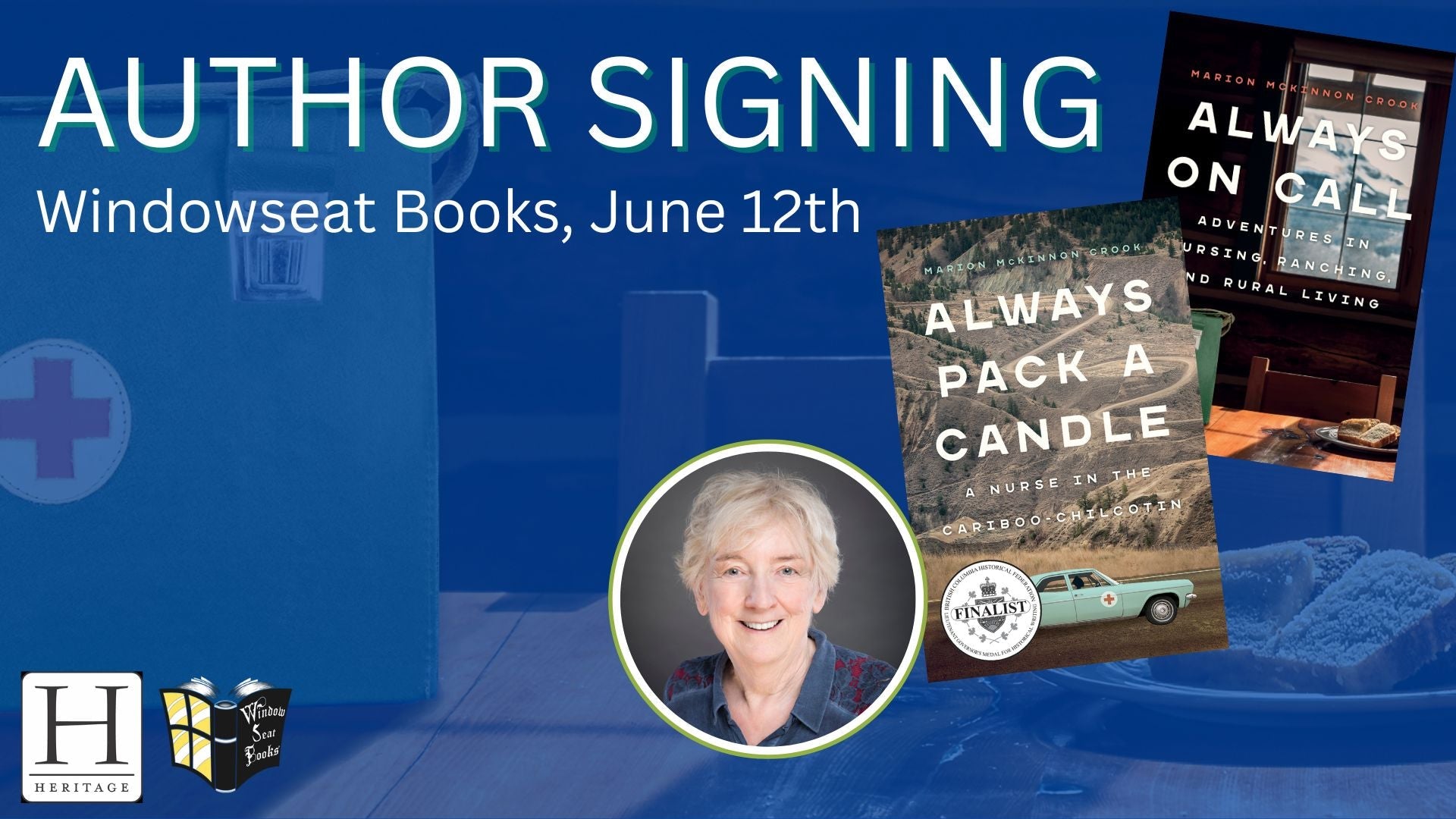 A blue banner featuring the covers of Always Pack A Candle and Always On Call, with white text that says Author Signing sitting above the books