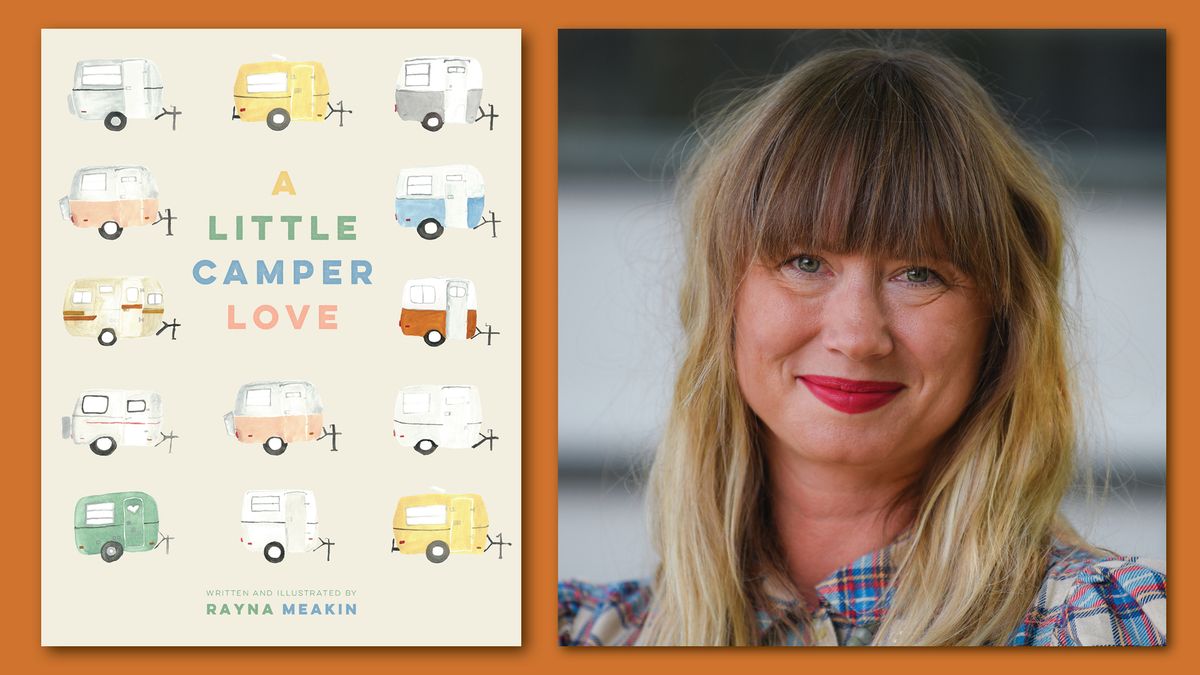 The cover of A Little Camper Love, a light yellow book with small hand drawn camper vans sitting in rows, is next to a portrait of the author, a woman with blonde hair and red lipstick